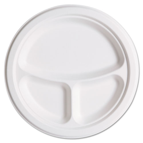 Renewable and Compostable Sugarcane Plates Club Pack, 3-Compartment, 10" dia, Natural White, 50/Pack, 10 Packs/Carton