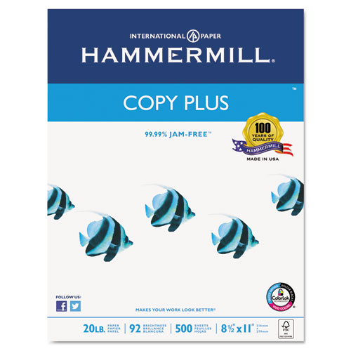 Hammermill® Copy Plus Copy Paper, 3-Hole Punch, 92 Brightness, 20lb, Ltr, White, 500 Shts/Rm