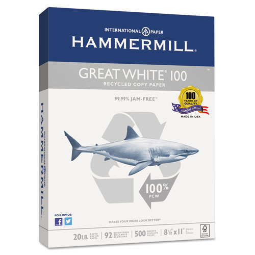 Hammermill Recycled Great White Copy Paper, 8 1/2'' x 11'', 20 lb