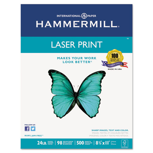 Hammermill® Laser Print Office Paper, 3-Hole Punch, 98 Brightness, 24lb, Ltr, White, 500/Rm