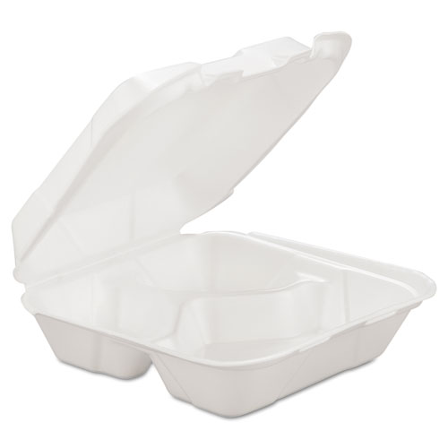 Foam Hinged Carryout Container, 3-Comp, White, 8 X 8 1/4 X 3, 200/carton