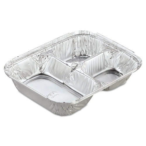 HFA® Aluminum Oblong Container with Lid, 3-Compartment, 24 oz, 8.5 x 6.38 x 1.47, Silver, 250/Carton