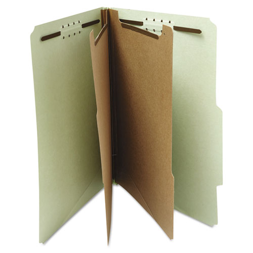 Image of Six-Section Pressboard Classification Folders, 2" Expansion, 2 Dividers, 6 Fasteners, Letter Size, Gray-Green, 10/Box