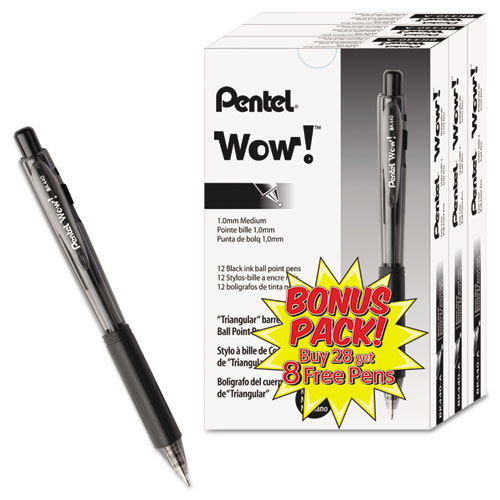 Image of Pentel® Wow! Ballpoint Pen Value Pack, Retractable, Medium 1 Mm, Black Ink, Black Barrel, 36/Pack