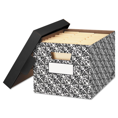 STOR/FILE Decorative Medium-Duty Storage Box, Letter/Legal Files, 12.5" x 16.25" x 10.5", Black/White Brocade Design, 4/CT