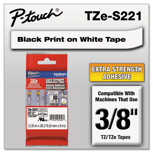 Image of Brother P-Touch® Tze Extra-Strength Adhesive Laminated Labeling Tape, 0.35" X 26.2 Ft, Black On White