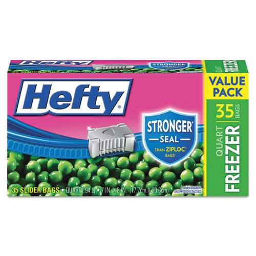 Hefty® One Zip Slider Bags, Freezer, 1qt, 2.5 mil, Clear, 35/Box, 9 Box/Carton