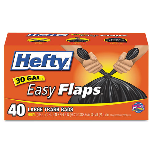 Easy Flaps Trash Bags, 30 gal, 1.05 mil, 30" x 33", Black, 40/Box | by Plexsupply