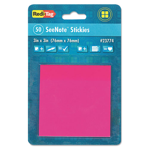 SeeNotes Stickies , 3" x 3", Transparent Neon Pink, 50 Sheets/Pad