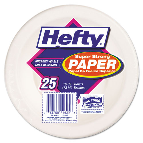 Hefty® Super Strong Paper Dinnerware, 16 oz Bowl, Bagasse, 25/Pack, 12 Packs/Carton