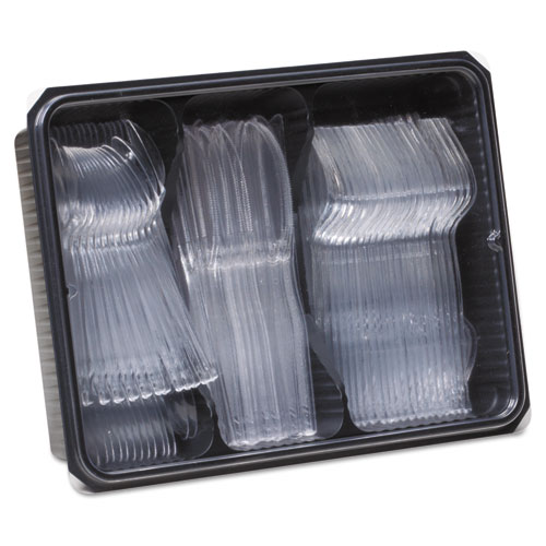 Image of Cutlery Keeper Tray with Clear Plastic Utensils: 600 Forks, 600 Knives, 600 Spoons