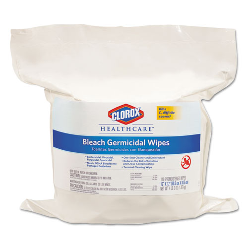 Clorox Healthcare Bleach Germicidal Wipes, 12 x 12, Unscented, 110