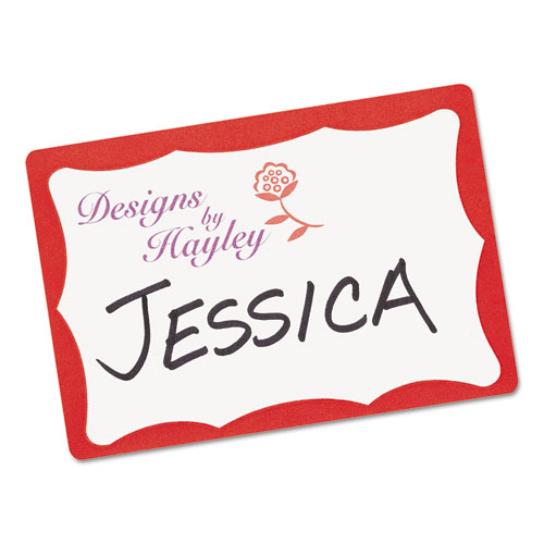 Image of Printable Adhesive Name Badges, 3.38 x 2.33, Red Border, 100/Pack