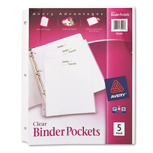 Binder Pockets, 3-Hole Punched, 9 1/4 x 11, Clear, 5/Pack | by Plexsupply