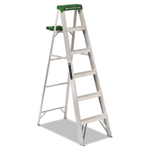 Aluminum Step Ladder, 6 ft Working Height, 225 lbs Capacity, 5 Step, Aluminum/Green
