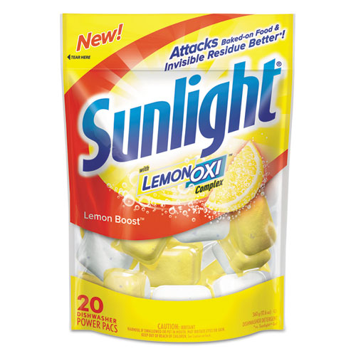 Sunlight® Auto Dish Power Pacs, Lemon Scent, 1.5 oz Single Dose Pouches, 20/Pk, 6 Pks/Ct
