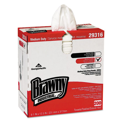 Brawny Industrial Lightweight Shop Towel, 9 1/10" x 12 1/2", White, 200/Box | by Plexsupply