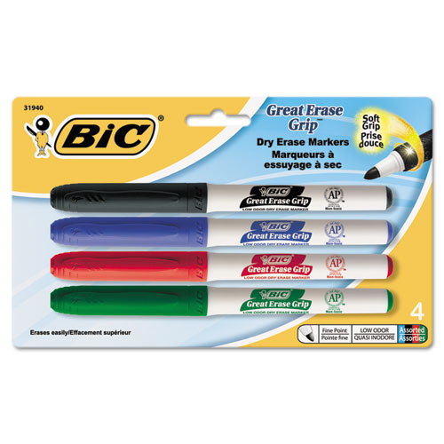 BIC® Great Erase Grip Fine Point Dry Erase Marker, Assorted, 4/Set