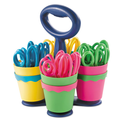 Westcott® Scissor Caddy with Kids' Scissors, 5" Long, 2" Cut Length, Light Blue; Light Green; Pink; Red, Straight Handles, 24/Set