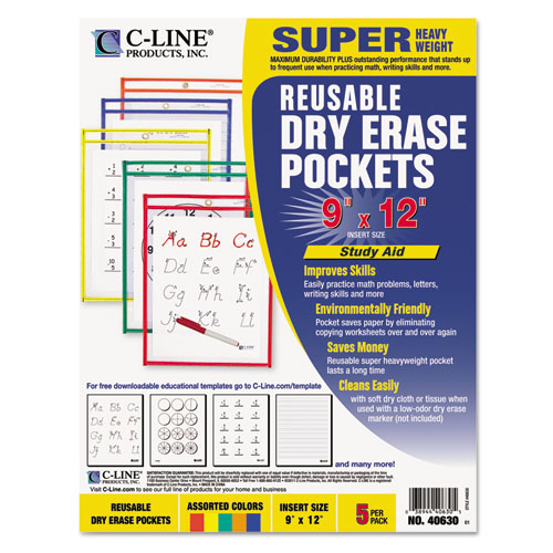 Reusable Dry Erase Pockets, 9 x 12, Assorted Primary Colors, 5/Pack