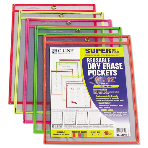 Reusable Dry Erase Pockets, 9 x 12, Assorted Neon Colors, 10/Pack