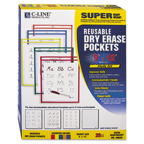 Reusable Dry Erase Pockets, 9 x 12, Assorted Primary Colors, 25/Box
