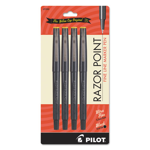 Razor Point Stick Porous Point Marker Pen, 0.3mm, Black Ink/Barrel, 4/Pack