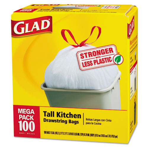 Glad Tall Kitchen Drawstring Trash Bags, 13 Gal, 0.72 Mil, 23.75 X 24.88,  White, 240/Carton - CLO79008