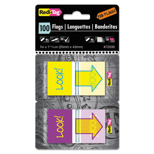 Image of Pop-Up Fab Page Flags w/Dispenser, "Look!", Purple/Yellow; Yellow/Teal, 100/Pack