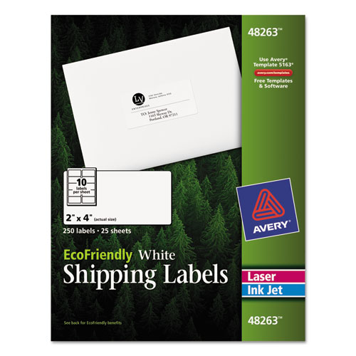 Image of EcoFriendly Mailing Labels, Inkjet/Laser Printers, 2 x 4, White, 10/Sheet, 25 Sheets/Pack