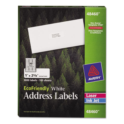 Avery EcoFriendly Mailing Labels, Inkjet/Laser Printers, 1 x 2.63, White, 30/Sheet, 100 Sheets/Pack