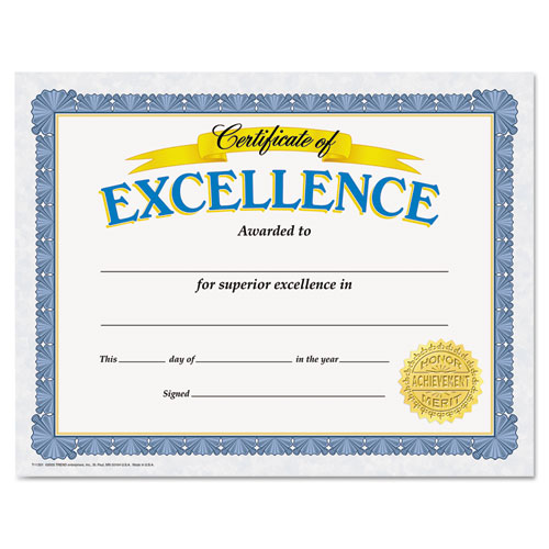 Awards And Certificates, Excellence, 8 1/2 X 11, White/blue/gold