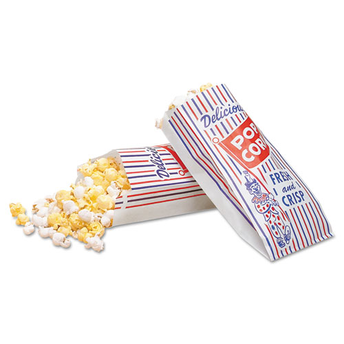 Pinch-Bottom Paper Popcorn Bag, 4 x 1.5 x 8, Blue/Red/White, 1,000/Carton