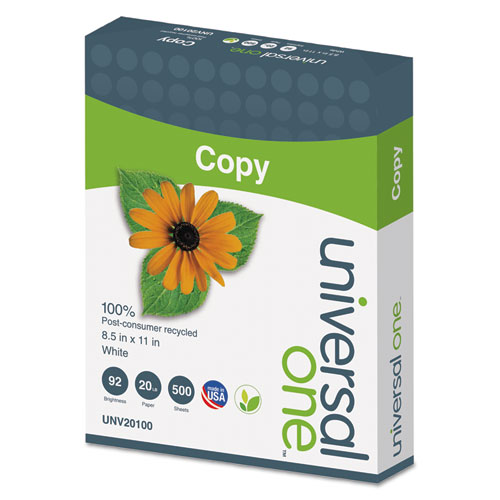 Image of 100% Recycled Copy Paper, 92 Bright, 20 lb Bond Weight, 8.5 x 11, White, 500 Sheets/Ream, 10 Reams/Carton