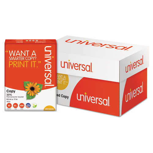 Universal® 30% Recycled Copy Paper, 92 Bright, 20 Lb Bond Weight, 8.5 X 11, White, 500 Sheets/Ream, 10 Reams/Carton