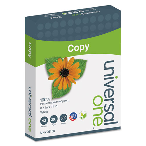 100% Recycled Copy Paper, 92 Bright, 20lb, 8.5 x 11, White, 500 Sheets/Ream, 10 Reams/Carton UNV20100