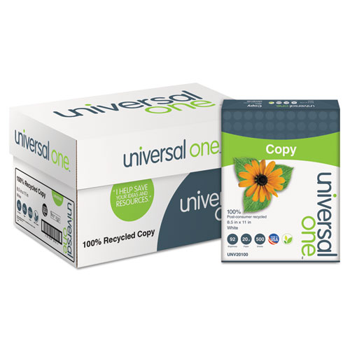 Universal® 100% Recycled Copy Paper, 92 Bright, 20 lb Bond Weight, 8.5 x 11, White, 500 Sheets/Ream, 10 Reams/Carton