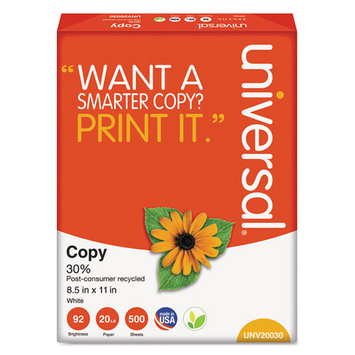 Universal® 30% Recycled Copy Paper, 92 Brightness, 20lb, 8 1/2 x 11, White, 5000/Carton
