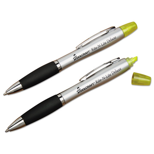 7520016206416 SKILCRAFT Rite-N-Lite Deluxe, Fluorescent Yellow/Black Ink, Chisel/Conical Tips, Silver/Black Barrel, Dozen