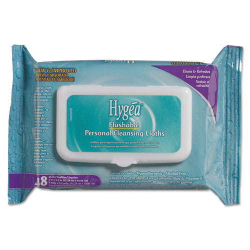Hygea Flushable Personal Cleansing Cloths, 6.25 x 5.38, Flowering Herbs, White, 48/Pack, 12 Packs/Carton
