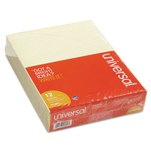 Universal® Glue Top Writing Pads, Narrow Rule, Ltr, Canary, 50 Sheet Pads/Pack, Dozen