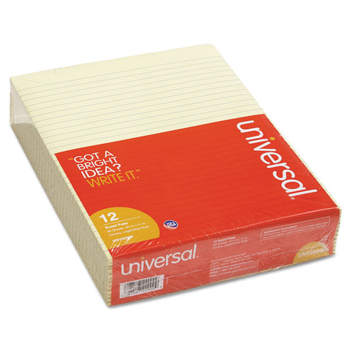 Universal® Glue Top Writing Pads, Legal Rule, Letter, Canary, 50 Sheet Pads/Pack, Dozen