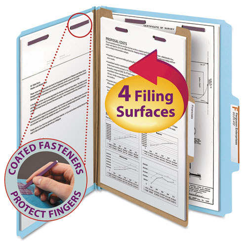 FOUR-SECTION PRESSBOARD TOP TAB CLASSIFICATION FOLDERS WITH SAFESHIELD FASTENERS, 1 DIVIDER, LETTER SIZE, BLUE, 10/BOX