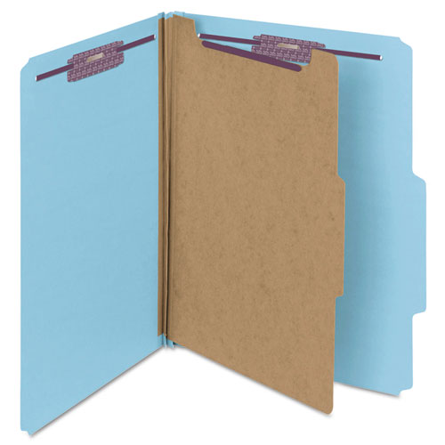 Image of Smead™ Four-Section Pressboard Top Tab Classification Folders, Four Safeshield Fasteners, 1 Divider, Letter Size, Blue, 10/Box