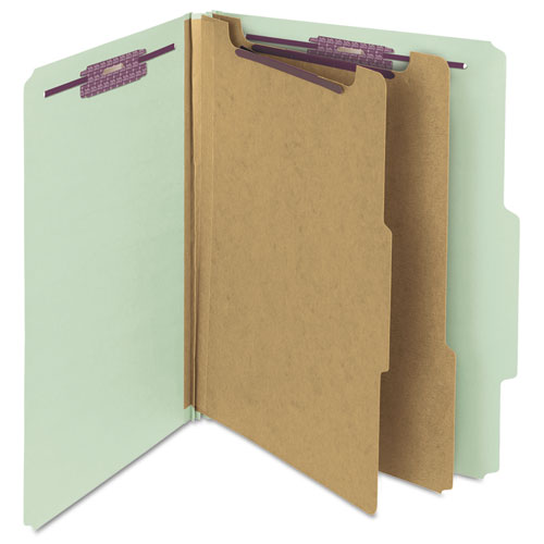 Smead™ Pressboard Classification Folders, Six Safeshield Fasteners, 2/5-Cut Tabs, 2 Dividers, Letter Size, Gray-Green, 10/Box