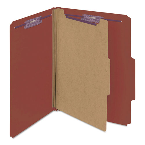 Smead™ Pressboard Classification Folders, Four Safeshield Fasteners, 2/5-Cut Tabs, 1 Divider, Letter Size, Red, 10/Box