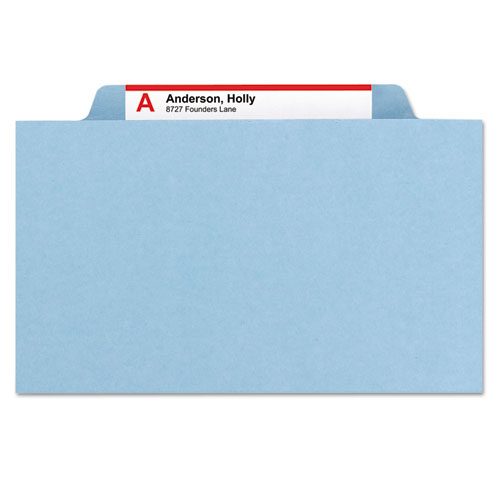 Image of Smead™ 6-Section Pressboard Top Tab Pocket Classification Folders, 6 Safeshield Fasteners, 2 Dividers, Letter Size, Blue, 10/Box