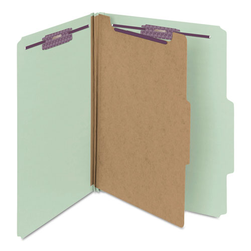 Pressboard Classification Folders, Four SafeSHIELD Fasteners, 2/5-Cut Tabs, 1 Divider, Letter Size, Gray-Green, 10/Box