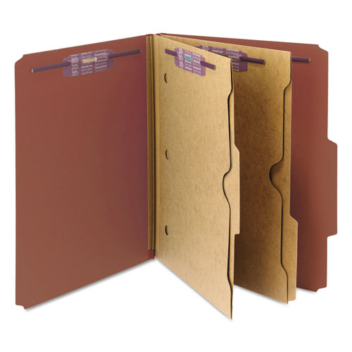 6-Section Pressboard Top Tab Pocket Classification Folders, 6 SafeSHIELD Fasteners, 2 Dividers, Letter Size, Red, 10/Box