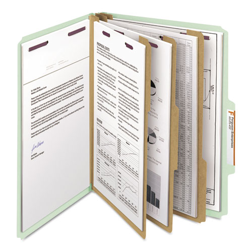 Image of Smead™ Pressboard Classification Folders, Eight Safeshield Fasteners, 2/5-Cut Tabs, 3 Dividers, Letter Size, Gray-Green, 10/Box